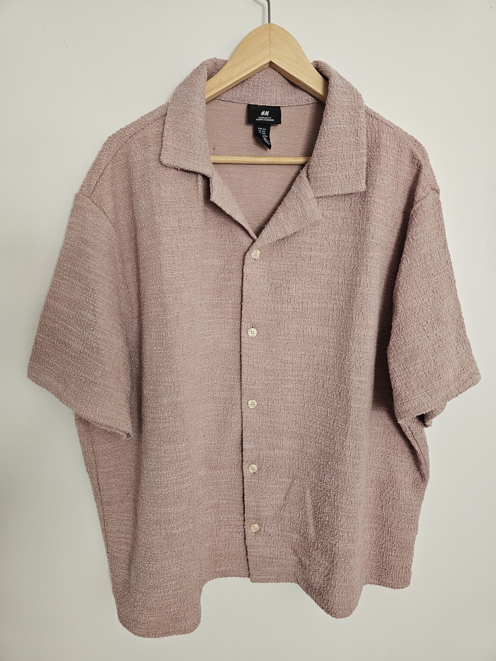 H&M Textured Button-Up Shirt Dusty Rose XXL Cotton Blend Bouclé Short Sleeves